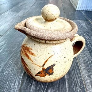 Vintage Floral Butterfly  Rustic Pottery Pitcher w Lid  Farmhouse Cottage-core